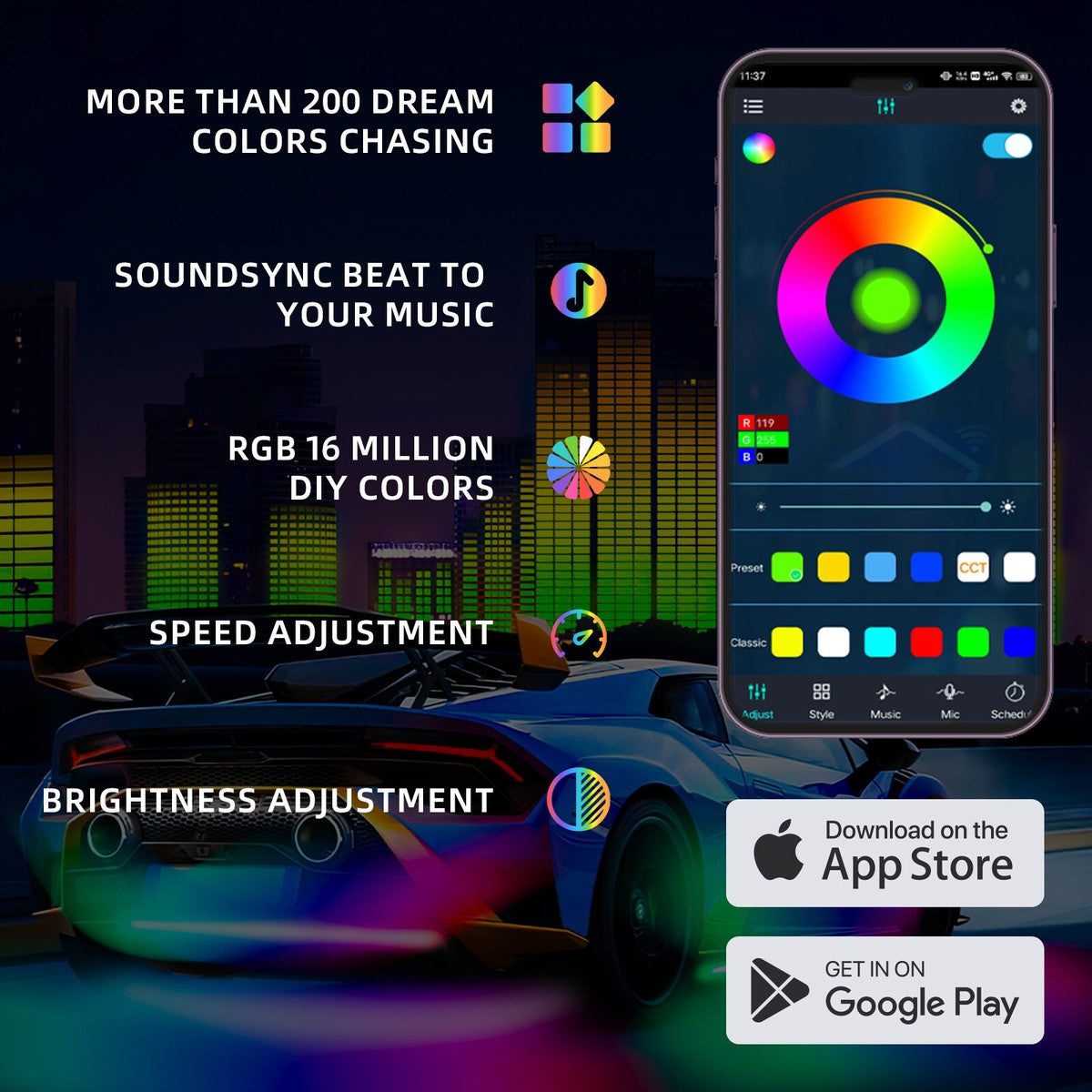 RGB BLUETOOTH FLASHER  NEON STRIP LIGHTS FOR BIKE & CAR