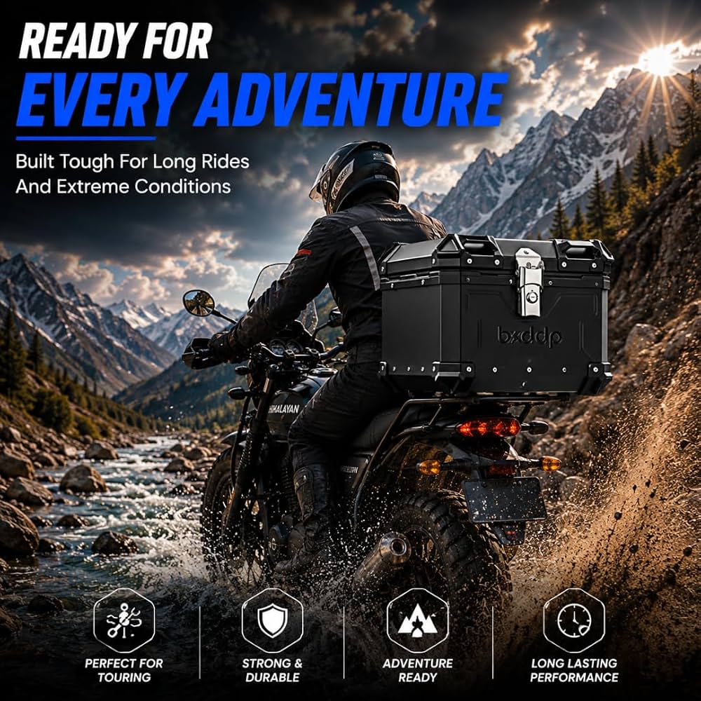 Motorcycle Metal Top Case 45L Lockable Rear Luggage Storage Box with Universal Mounting Plate, Waterproof Adventure Touring Top Box, Black