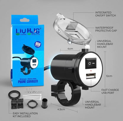 HJG USB Mobile Fast Charger Waterproof Motorcycle Handlebar USB Charger for Bike, Two Wheelers Universal LIU HJG Two Wheeler USB Mobile Phone Fast Charger 12V 5V-1.5A Moto Adapter Power Supply Socket for Phone Mobile Motorbike Accessories