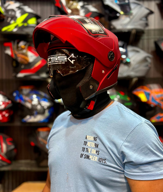 Move Plain Red Matt Flip up Helmet in washable padding , Duel visor , Non reflection visor