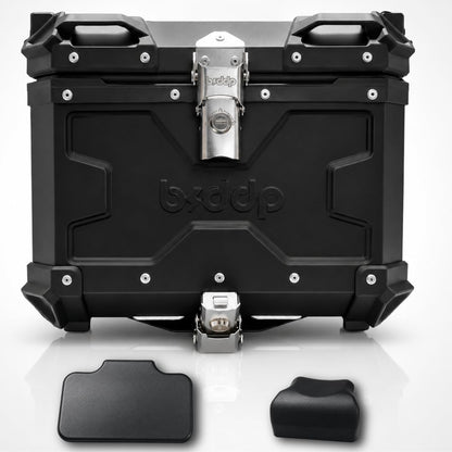 Motorcycle Metal Top Case 45L Lockable Rear Luggage Storage Box with Universal Mounting Plate, Waterproof Adventure Touring Top Box, Black