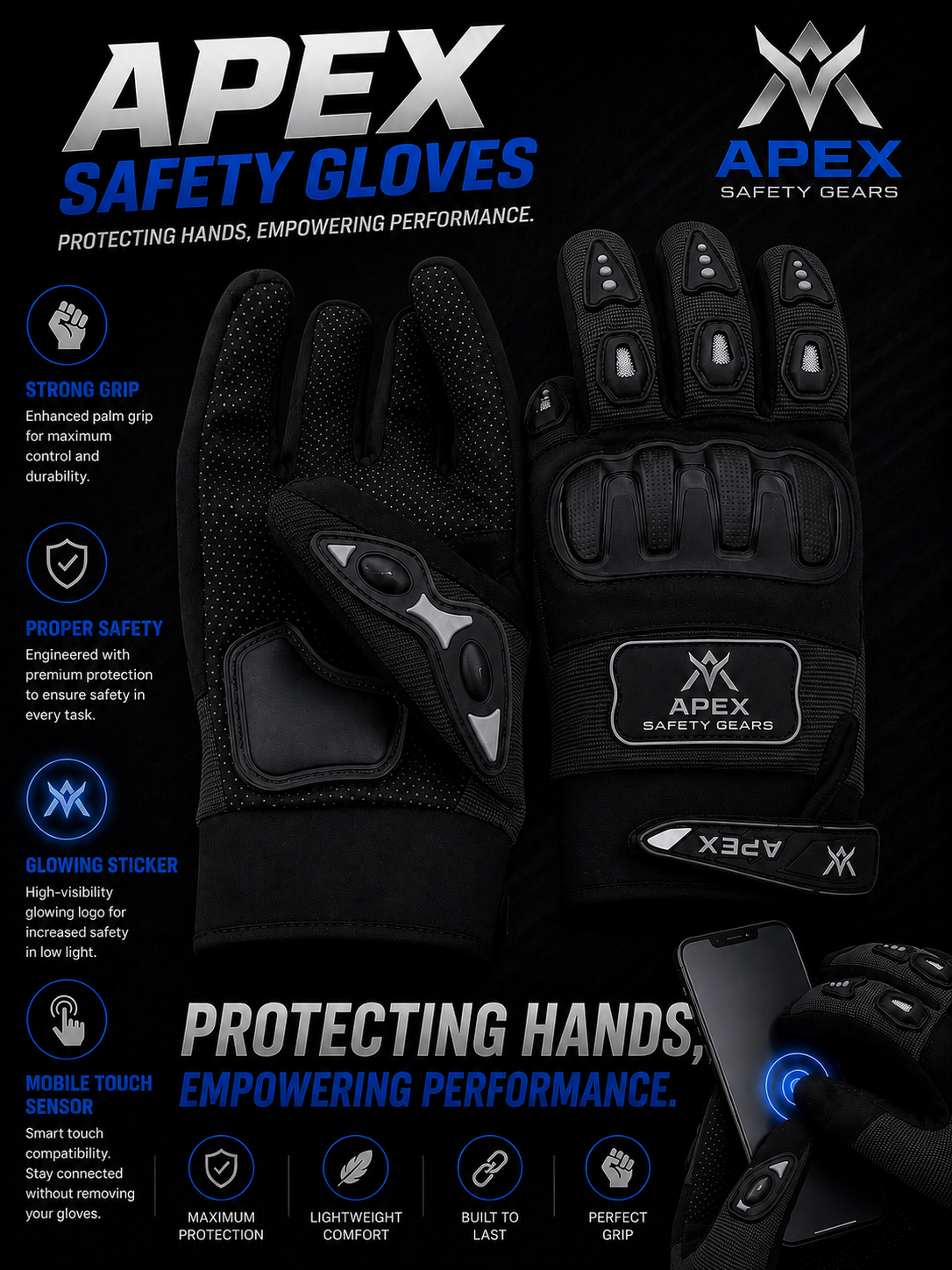 Apex Safety Gloves Strong Grip , Touch mobile sensor ,  2 Reflector glow in night & washable
