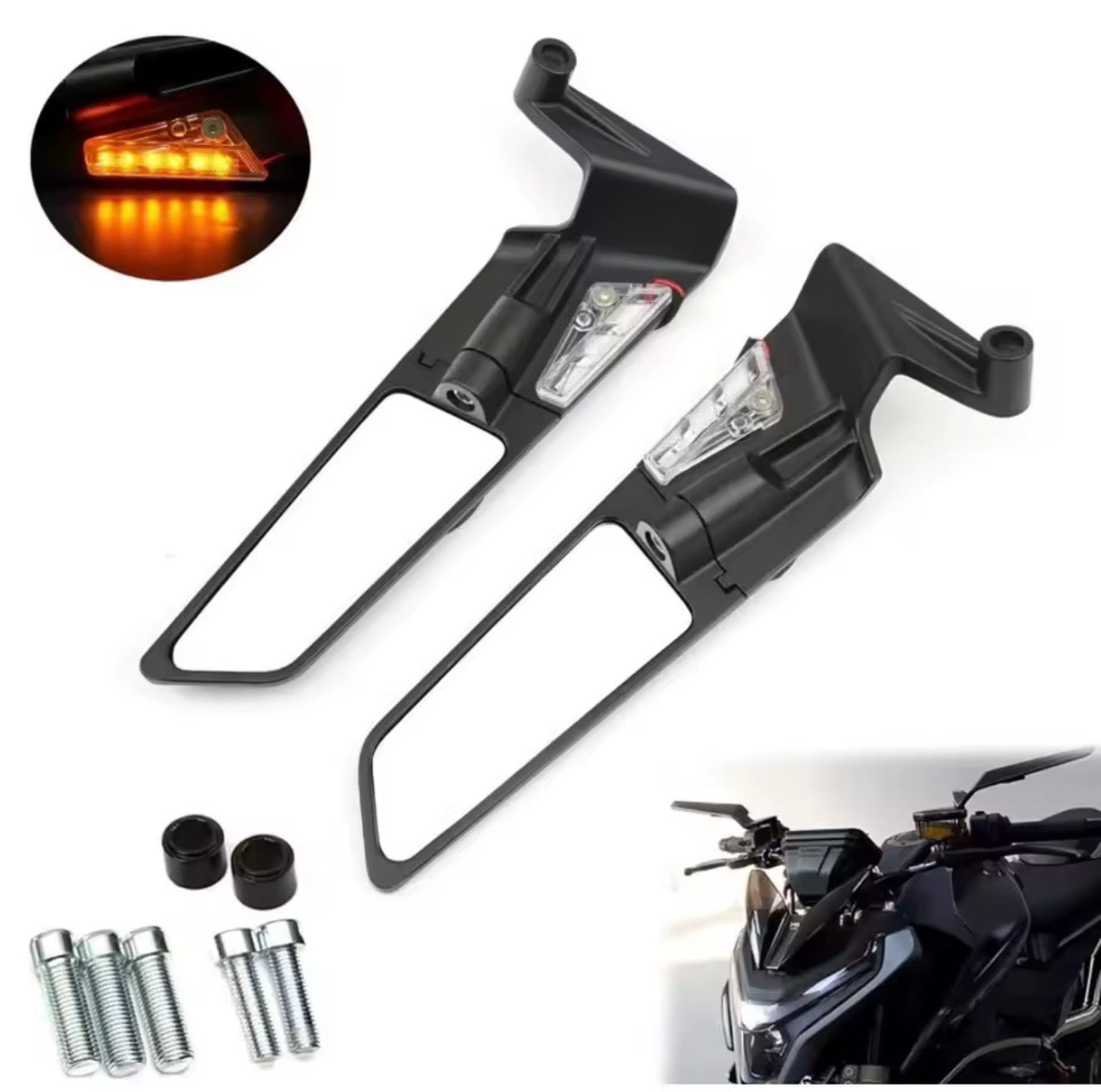 Wing mirrors led light metal body with  every bike fitting . Motorcycle Side View Mirror Wings Rearview Mirror Rotatable Aluminum Side Mirrors 8/10mm Motorcycle Universal Accessories
