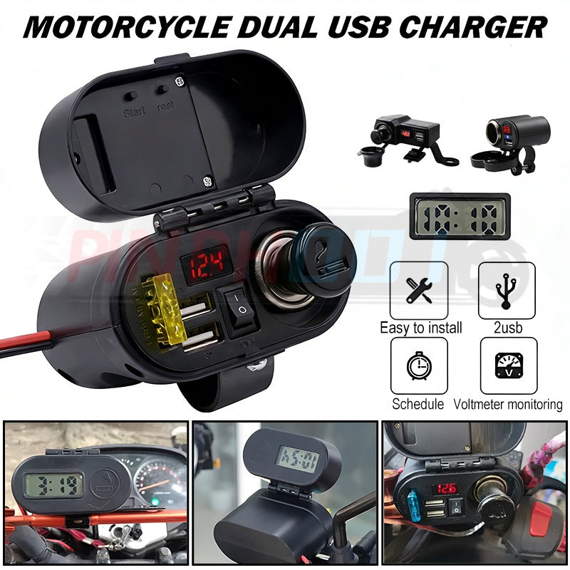 Multi Function 4 in 1 Waterproof Motorcycle Bike USB Mobile Charger Cigarette Lighter with Voltmeter time Clock dual port