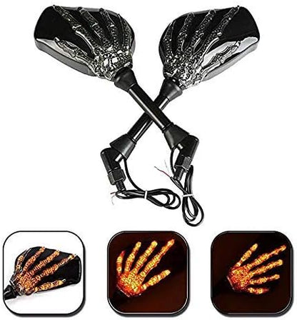 LED Skull Skeleton Hand Claw Side Mirrors Front Back indicator Rearview Mirrors With Turn Signals For Motorcycle with 8mm 10mm Thread Bolts, Left & Right