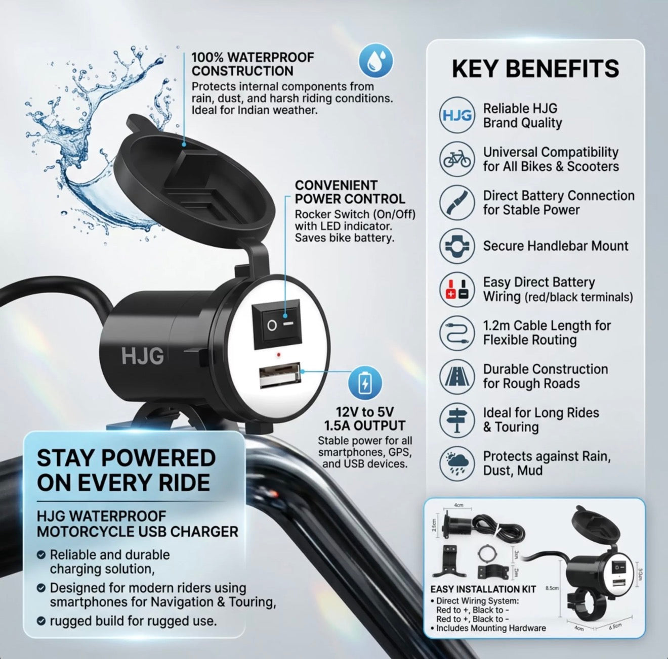 HJG USB Mobile Fast Charger Waterproof Motorcycle Handlebar USB Charger for Bike, Two Wheelers Universal LIU HJG Two Wheeler USB Mobile Phone Fast Charger 12V 5V-1.5A Moto Adapter Power Supply Socket for Phone Mobile Motorbike Accessories