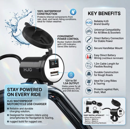 HJG USB Mobile Fast Charger Waterproof Motorcycle Handlebar USB Charger for Bike, Two Wheelers Universal LIU HJG Two Wheeler USB Mobile Phone Fast Charger 12V 5V-1.5A Moto Adapter Power Supply Socket for Phone Mobile Motorbike Accessories