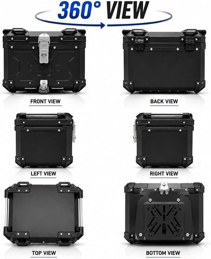 Motorcycle Metal Top Case 45L Lockable Rear Luggage Storage Box with Universal Mounting Plate, Waterproof Adventure Touring Top Box, Black