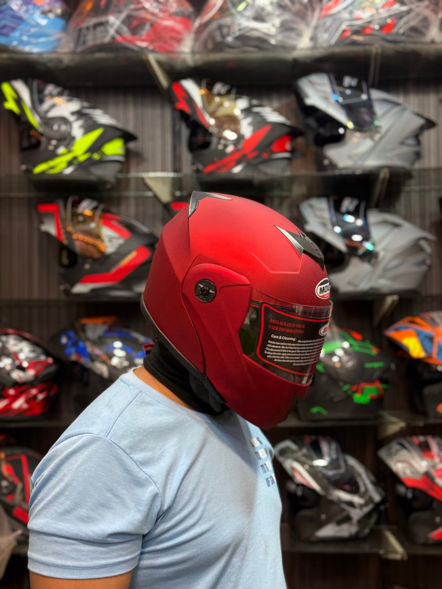 Move Plain Red Matt Flip up Helmet in washable padding , Duel visor , Non reflection visor