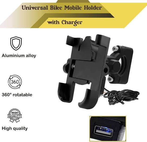 Bike Metal Phone Holder & 5v-2A Mobile Charging Port Universal Motorcycle Bicycle Phone Holder Handlebar Stand Mount Bracket Mount Phone Holder For All