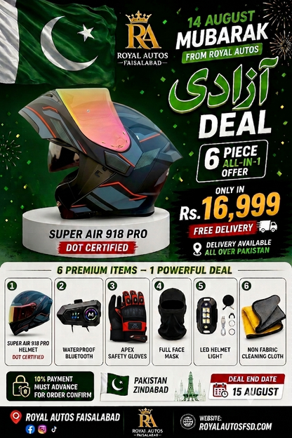 Azadi Deal 🇵🇰Super Air 918 Pro DOT Certified Helmet 6-Piece Azadi Deal – Bluetooth, Apex Gloves & Accessories