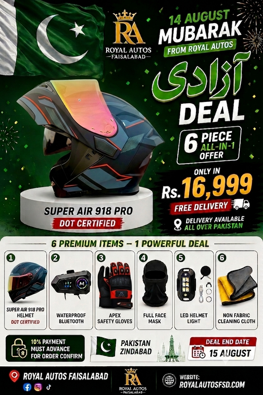 Azadi Deal 🇵🇰Super Air 918 Pro DOT Certified Helmet 6-Piece Azadi Deal – Bluetooth, Apex Gloves & Accessories
