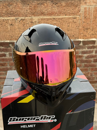 Superair 918 Pro Gloss Black DOT Certified Flip-Up Motorcycle Helmet – Dual Visor | Polarized Visor | Sports Helmet