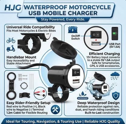 HJG USB Mobile Fast Charger Waterproof Motorcycle Handlebar USB Charger for Bike, Two Wheelers Universal LIU HJG Two Wheeler USB Mobile Phone Fast Charger 12V 5V-1.5A Moto Adapter Power Supply Socket for Phone Mobile Motorbike Accessories