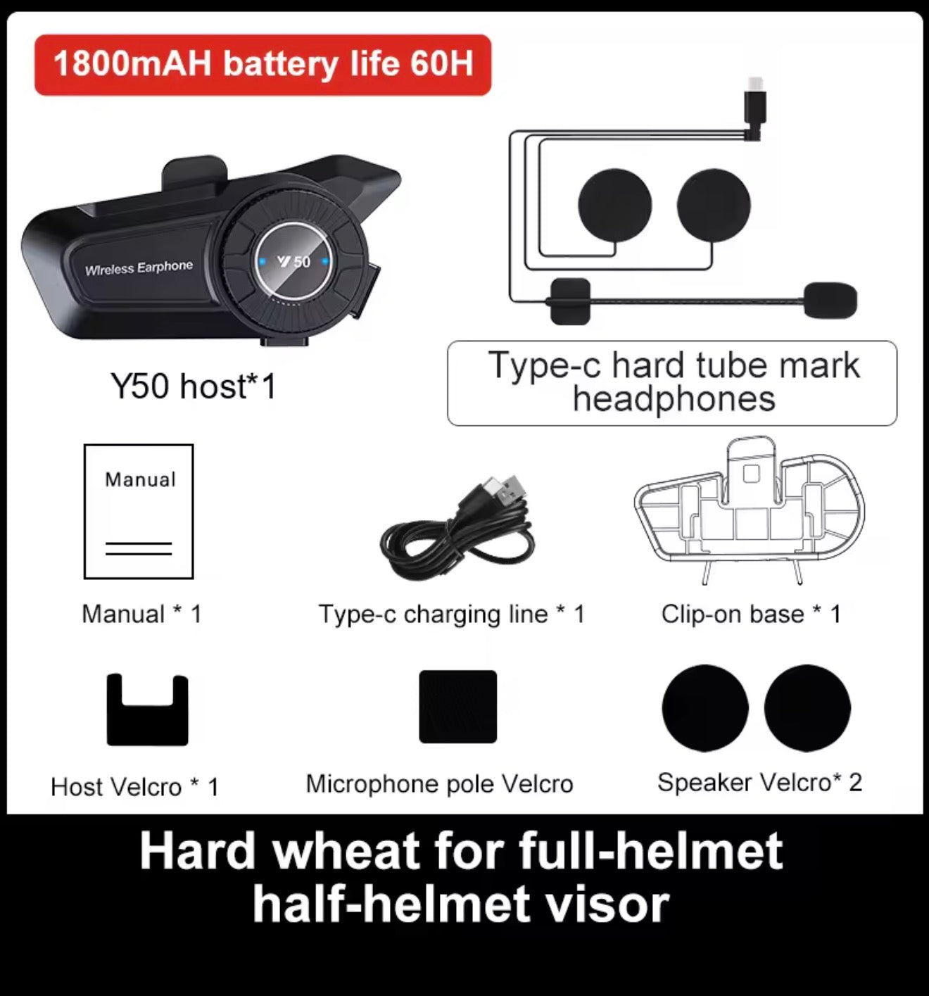 Superair Y50 Motorcycle Helmet Bluetooth Headset 1800mAh 60H Long Battery Life IPX6 Waterproof Anti-Freezing Music Player Earphone
