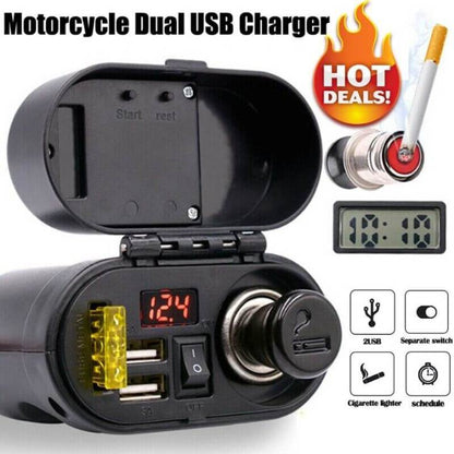 Multi Function 4 in 1 Waterproof Motorcycle Bike USB Mobile Charger Cigarette Lighter with Voltmeter time Clock dual port
