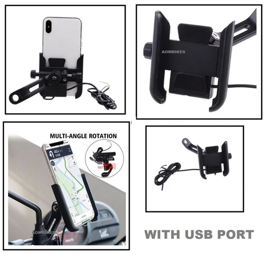 Bike Metal Phone Holder & 5v-2A Mobile Charging Port Universal Motorcycle Bicycle Phone Holder Handlebar Stand Mount Bracket Mount Phone Holder For All
