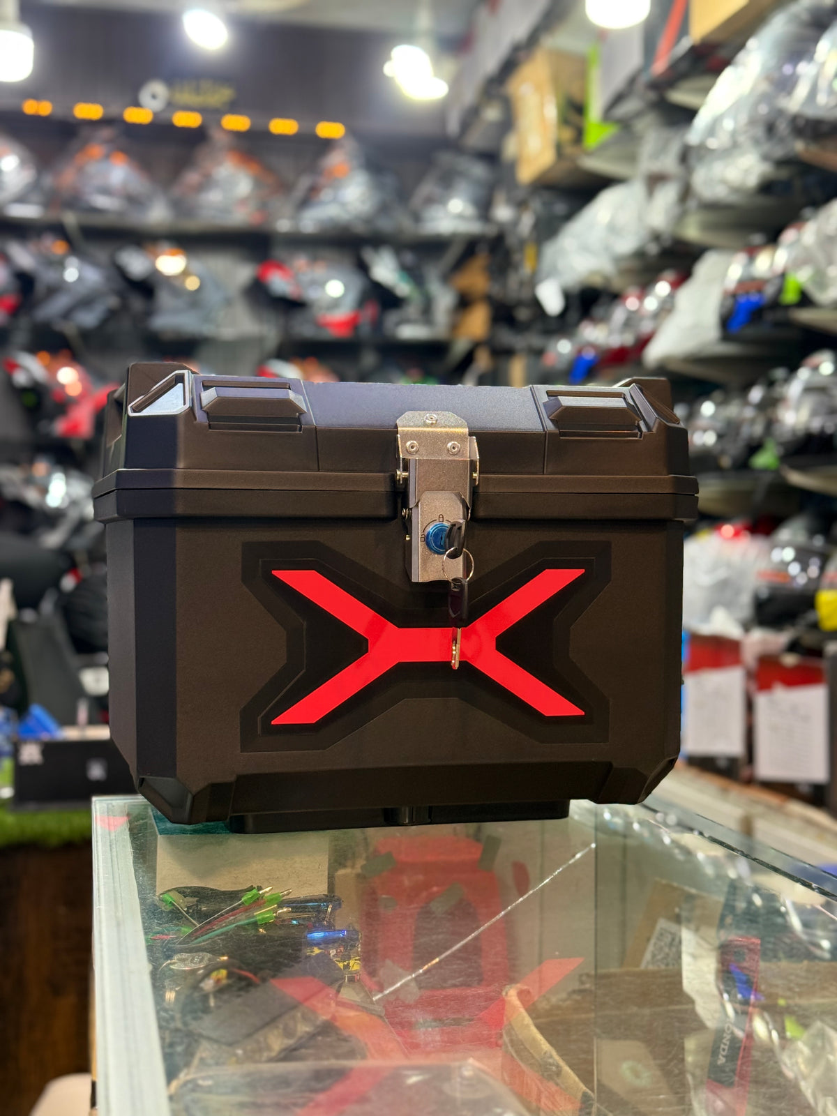 Motorcycle Top Case 45L X Led light Lockable Rear Luggage Storage Box with Universal Mounting Plate, Waterproof Adventure Touring Top Box, Black