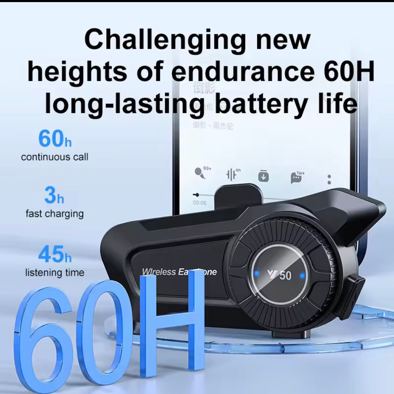 Superair Y50 Motorcycle Helmet Bluetooth Headset 1800mAh 60H Long Battery Life IPX6 Waterproof Anti-Freezing Music Player Earphone
