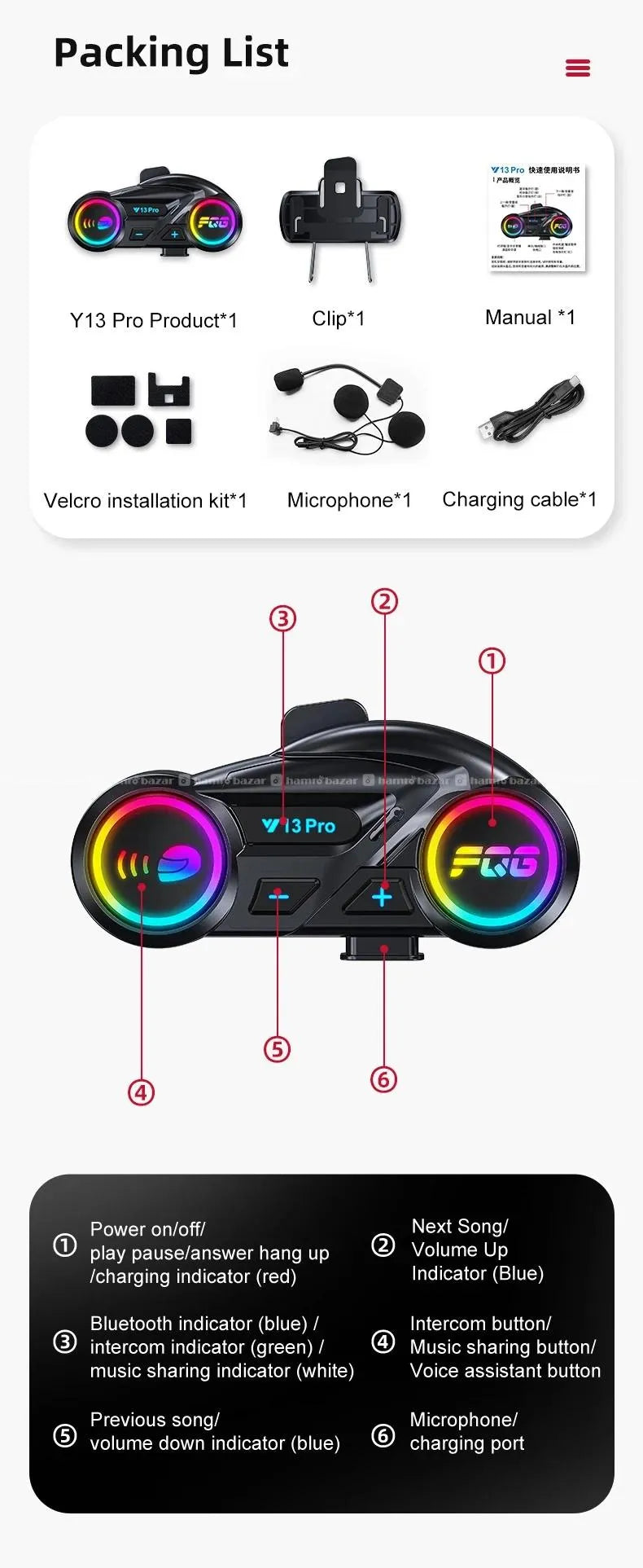 Y13 Pro Motorcycle Helmet With Wireless Headphones 500M Intercom Version, Equipped With BT5.4+BT5.4 Dual-Core Bluetooth Chip, RGB Lighting Effects, IP56 Waterproof And Dustproof, Built-In Intercom Indicator, Supports Cross-Brand Intercom, Intercom Distanc