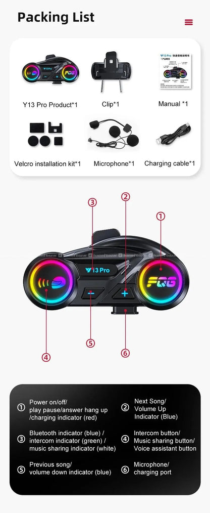 Y13 Pro Motorcycle Helmet With Wireless Headphones 500M Intercom Version, Equipped With BT5.4+BT5.4 Dual-Core Bluetooth Chip, RGB Lighting Effects, IP56 Waterproof And Dustproof, Built-In Intercom Indicator, Supports Cross-Brand Intercom, Intercom Distanc