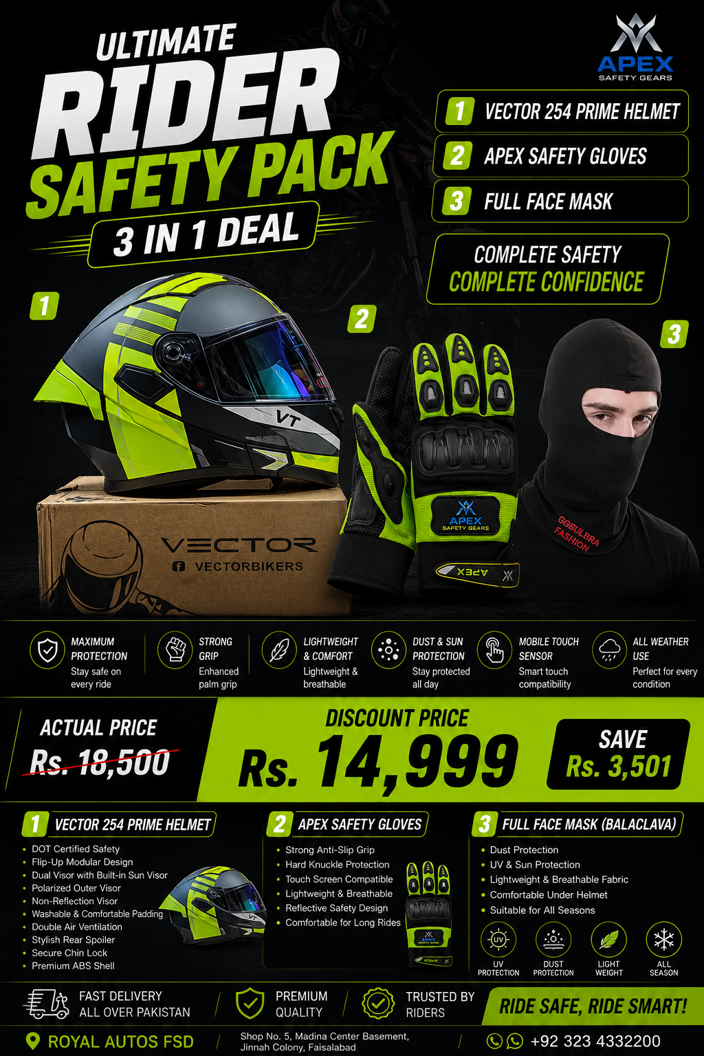 3 in 1 Deal Vector 254 Prime Green Neon with Polarise Visor  DOT certified With Apex safety Gloves & Balaclava Mask  Super Deal for rider