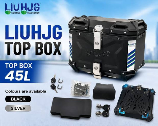 Motorcycle Metal Top Case 45L Lockable Rear Luggage Storage Box with Universal Mounting Plate, Waterproof Adventure Touring Top Box, Black
