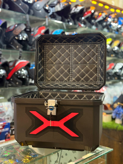 Motorcycle Top Case 45L X Led light Lockable Rear Luggage Storage Box with Universal Mounting Plate, Waterproof Adventure Touring Top Box, Black