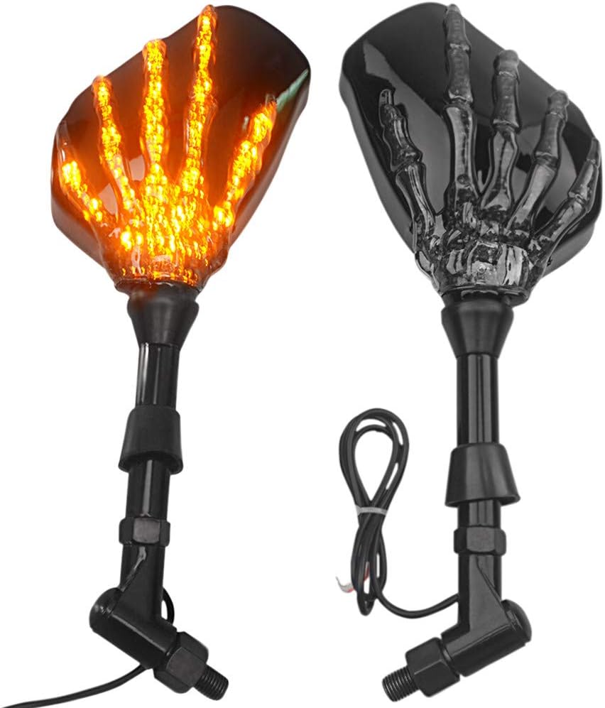 LED Skull Skeleton Hand Claw Side Mirrors Front Back indicator Rearview Mirrors With Turn Signals For Motorcycle with 8mm 10mm Thread Bolts, Left & Right