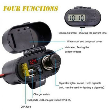 Multi Function 4 in 1 Waterproof Motorcycle Bike USB Mobile Charger Cigarette Lighter with Voltmeter time Clock dual port