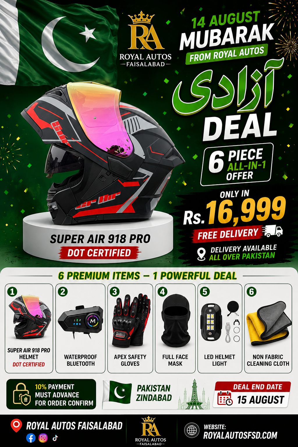 Azadi Deal 🇵🇰Super Air 918 Pro DOT Certified Helmet 6-Piece Azadi Deal – Bluetooth, Apex Gloves & Accessories 10% Payment Must advance for order confirmation