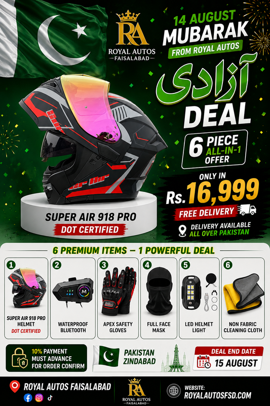 Azadi Deal 🇵🇰Super Air 918 Pro DOT Certified Helmet 6-Piece Azadi Deal – Bluetooth, Apex Gloves & Accessories