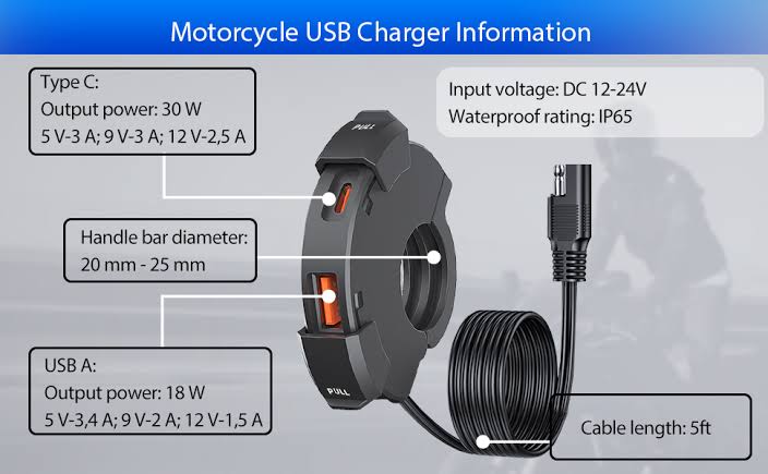 Mobile Charger MC09 – USB & Type C Port – Quick QC 3.0 – Fast Charging 25 Watt – Motorcycle