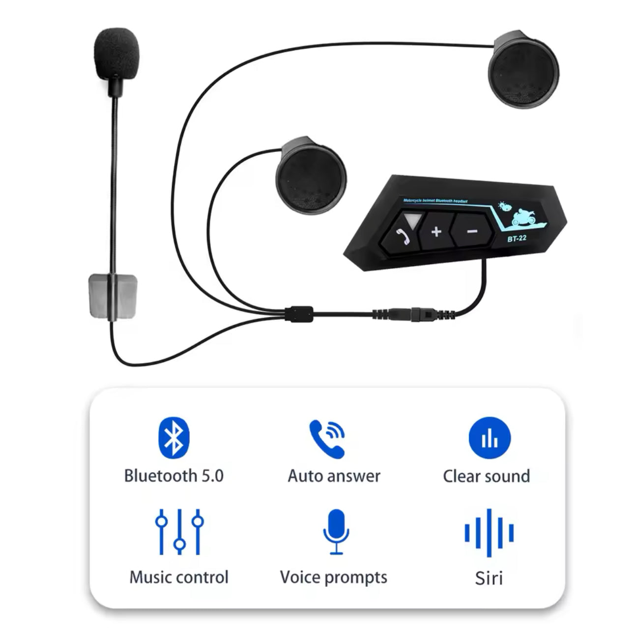 BT22 Bluetooth 5.0 Motorcycle Helmet Headset Headphone Wireless Motor Handsfree Stereo Earphone MP3 Speaker Waterproof With Mic