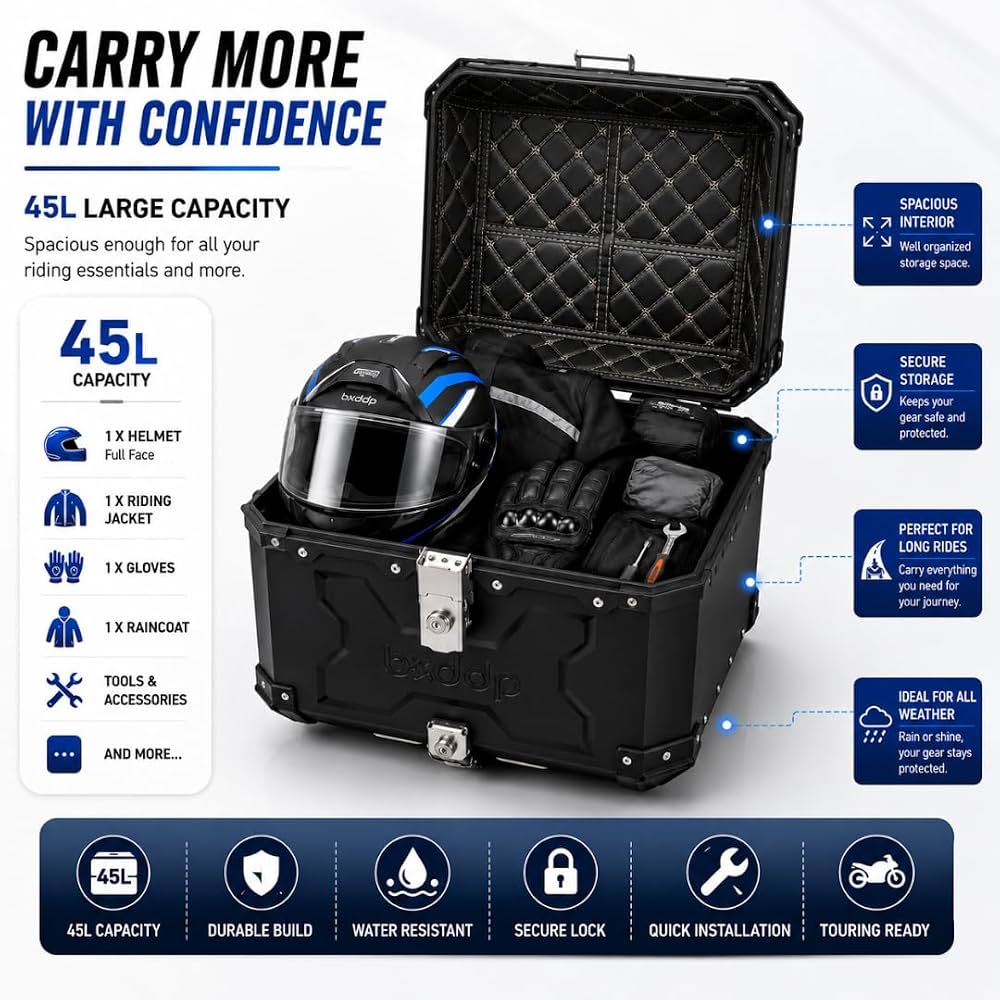 Motorcycle Metal Top Case 45L Lockable Rear Luggage Storage Box with Universal Mounting Plate, Waterproof Adventure Touring Top Box, Black
