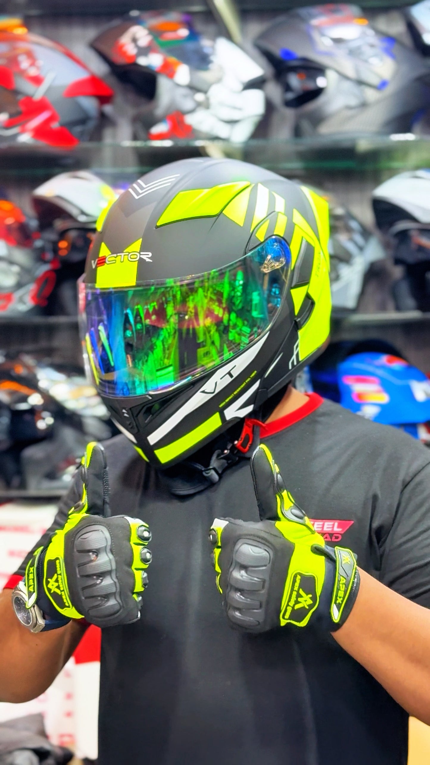 3 in 1 Deal Vector 254 Prime Green Neon with Polarise Visor  DOT certified With Apex safety Gloves & Balaclava Mask  Super Deal for rider