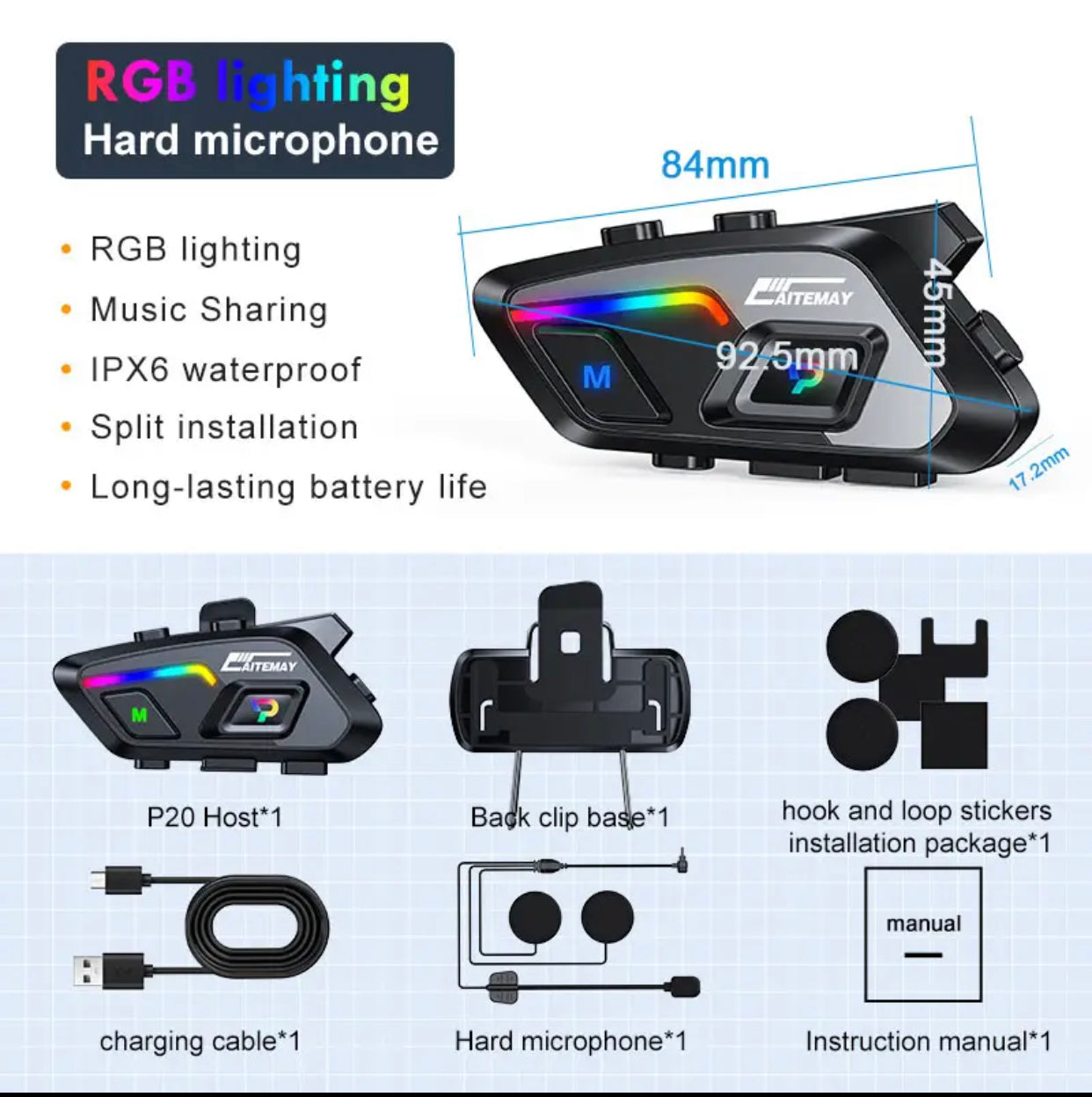 P20 Bluetooth 5.3 Motorcycle Helmet Headset IPX6 Waterproof 300m Multi-person Music Sharing  With 5 RGB Colorful Ambient Light