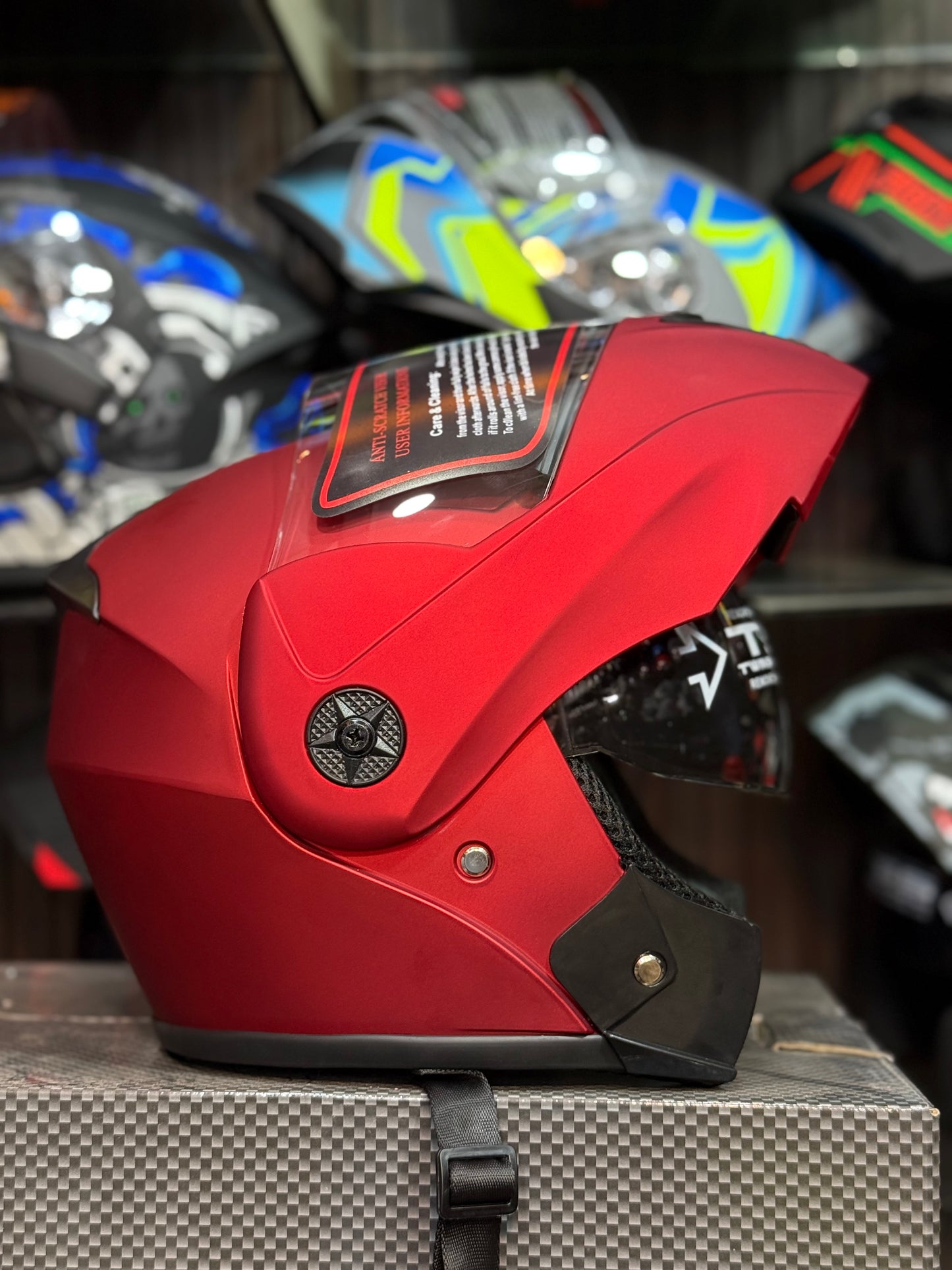 Move Plain Red Matt Flip up Helmet in washable padding , Duel visor , Non reflection visor