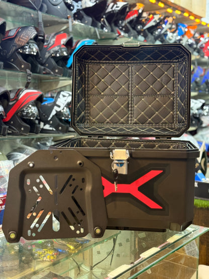 Motorcycle Top Case 45L X Led light Lockable Rear Luggage Storage Box with Universal Mounting Plate, Waterproof Adventure Touring Top Box, Black