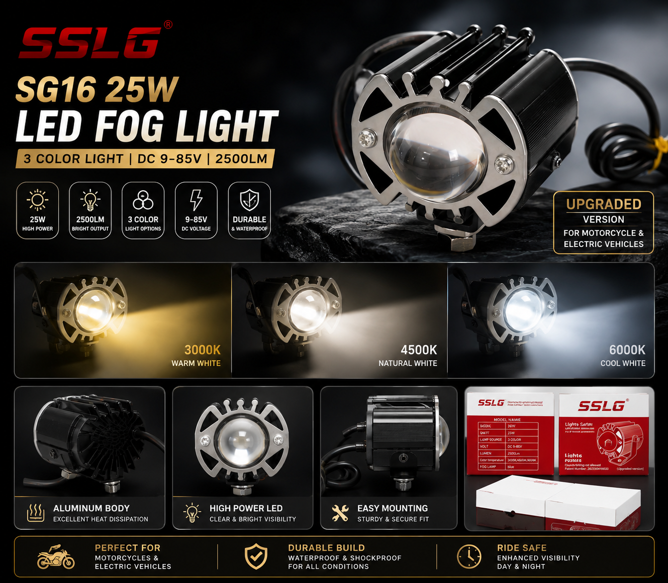 SSL G SG16 L19 25W Motorcycle LED Fog Light – 3 Color Beam | 85V DC | 2500LM