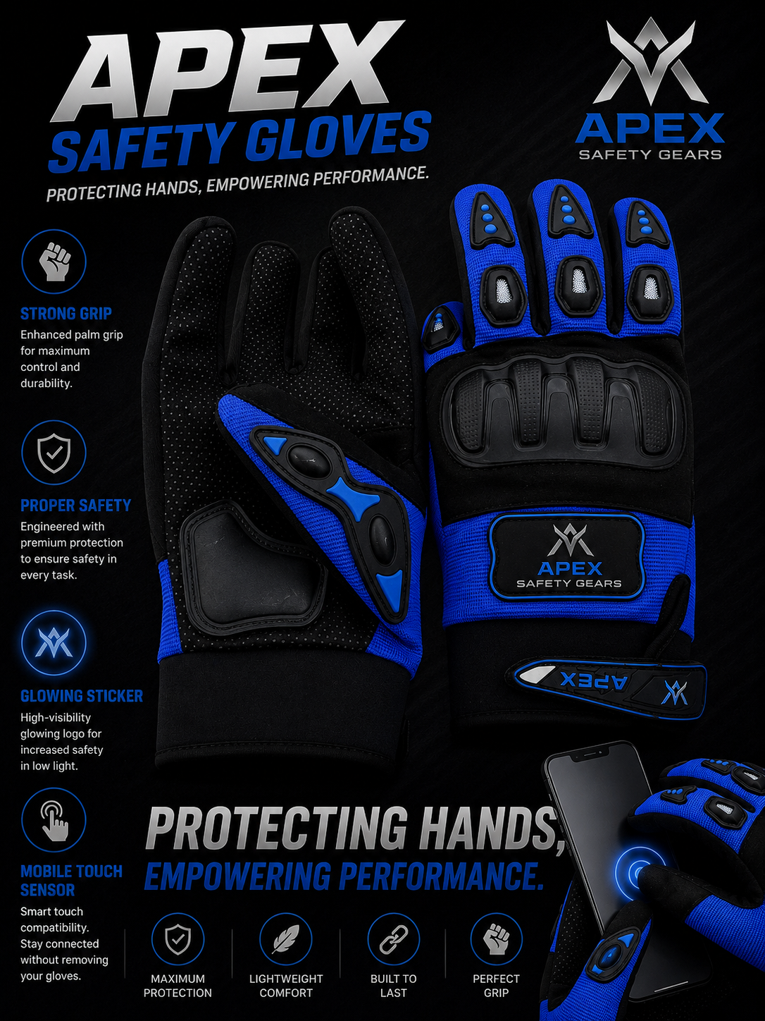 Apex Safety Gloves Strong Grip , Touch mobile sensor ,  2 Reflector glow in night & washable