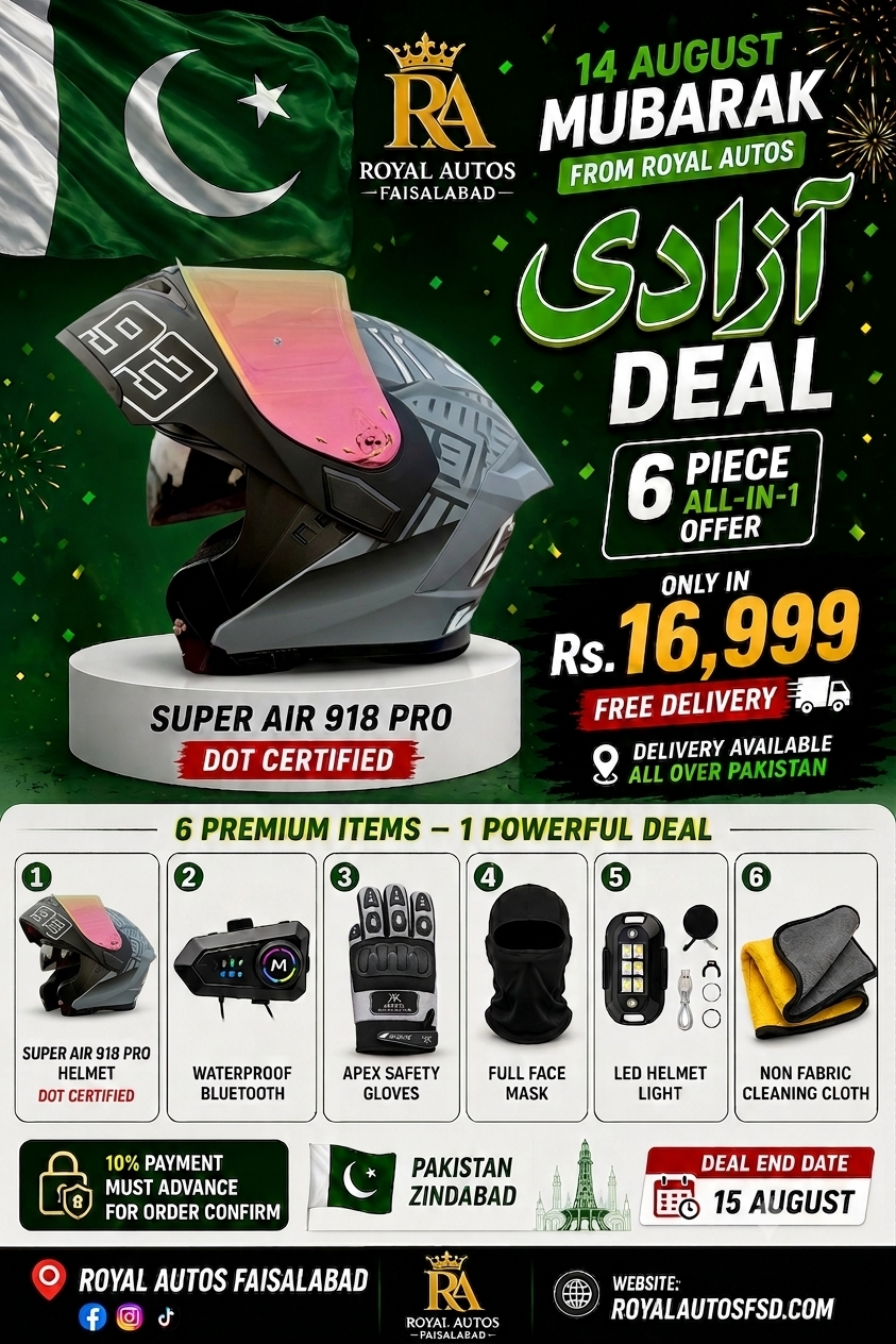 Azadi Deal 🇵🇰Super Air 918 Pro DOT Certified Helmet 6-Piece Azadi Deal – Bluetooth, Apex Gloves & Accessories
