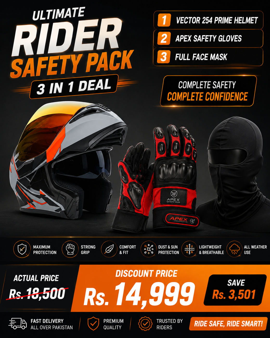3 in 1 Deal Vector 254 Prime orange with Polarise Visor  DOT certified With Apex safety Gloves & Balaclava Mask  Super Deal for rider