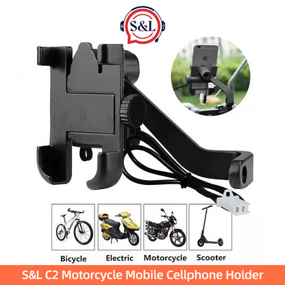 Bike Metal Phone Holder & 5v-2A Mobile Charging Port Universal Motorcycle Bicycle Phone Holder Handlebar Stand Mount Bracket Mount Phone Holder For All